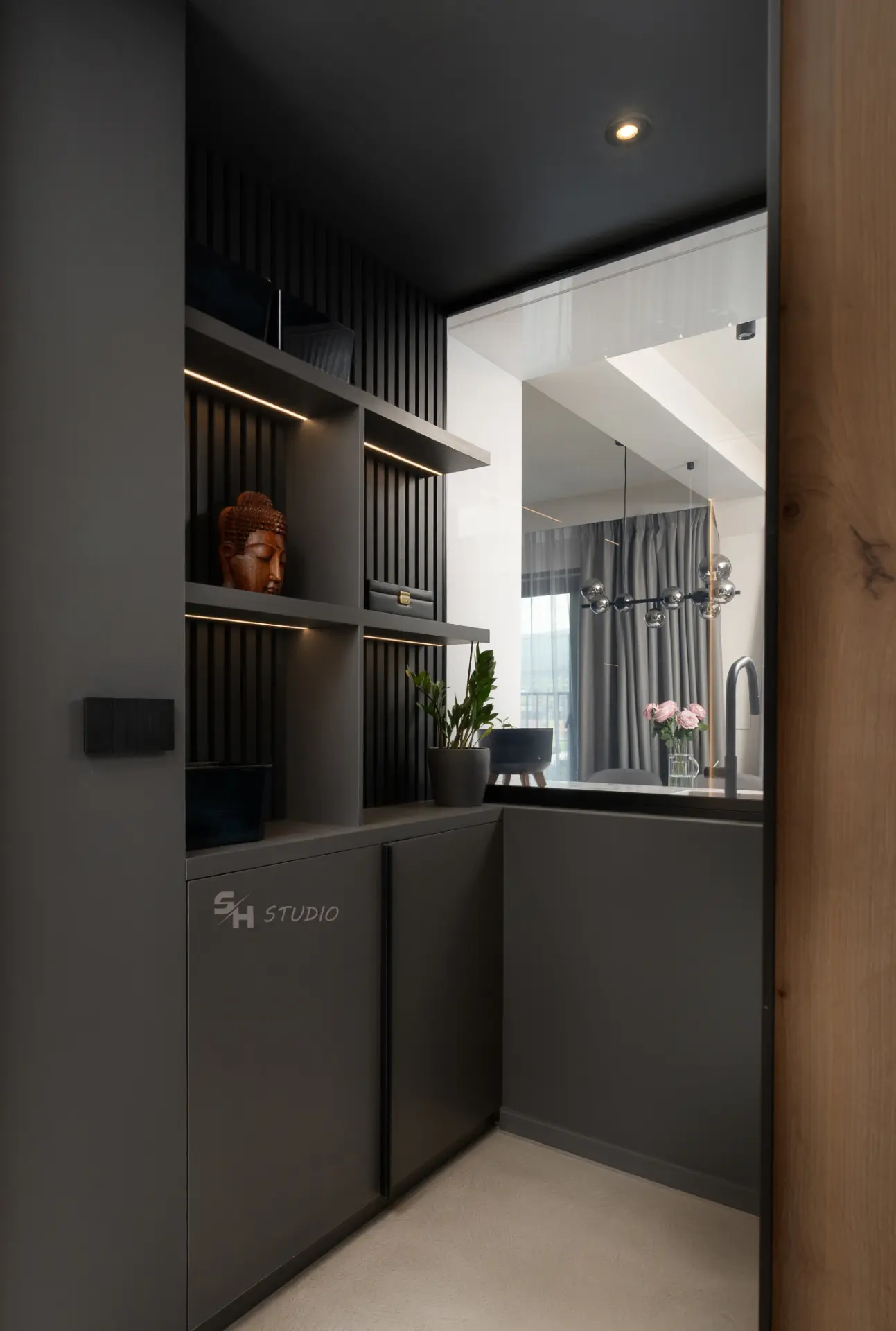 PHOBIA — dark built-in storage and illuminated display shelving beside the kitchen