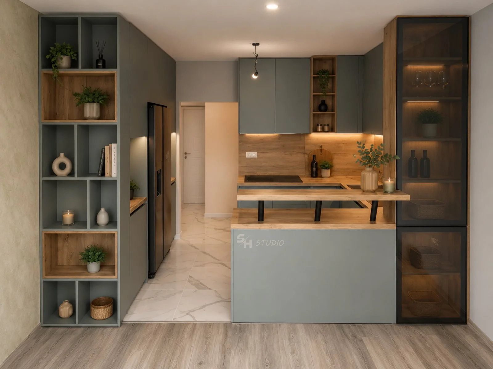 BPN Residence — kitchen with open shelving, bar counter and glass display cabinet