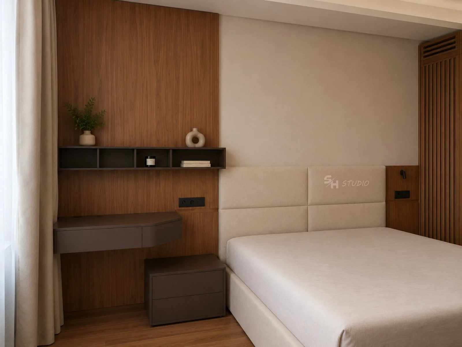 ADVH — main bedroom with upholstered bed, floating desk and bedside cabinet