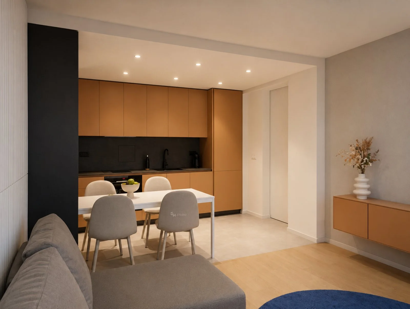 ETS1 — kitchen and dining area seen from the living room