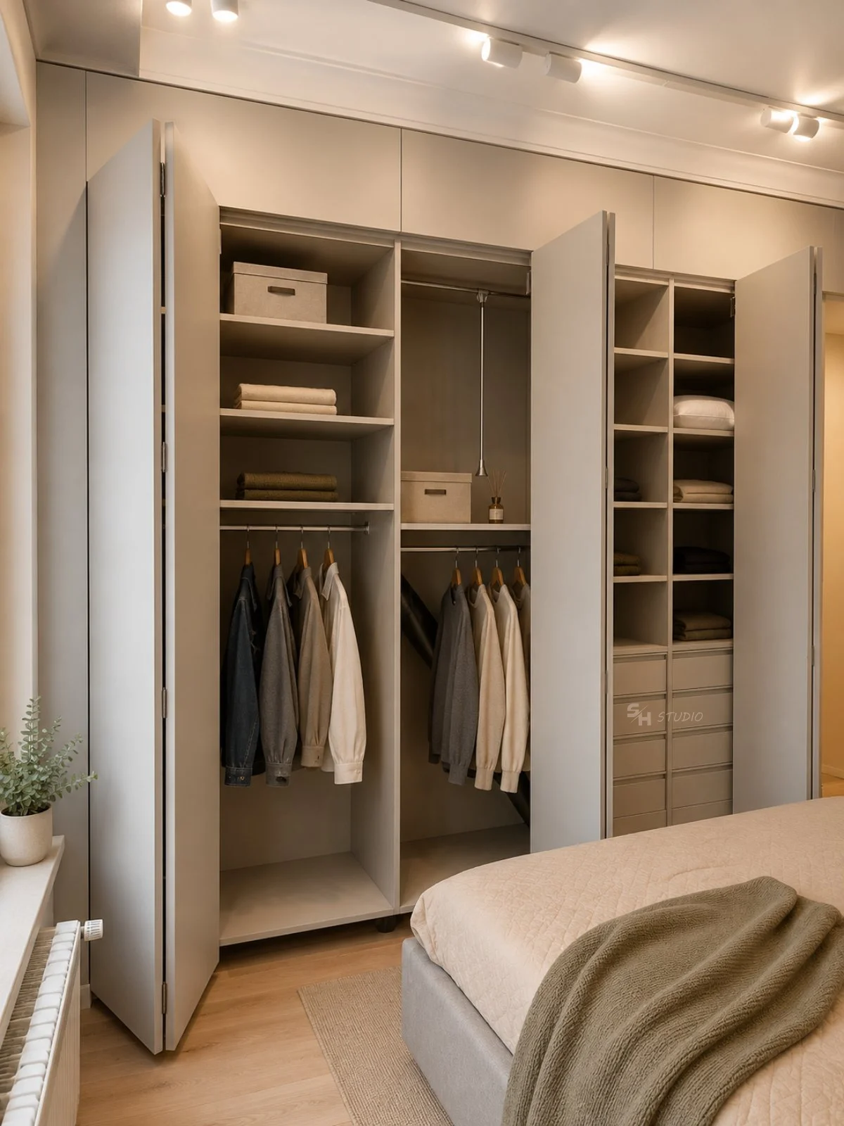 PSHM Residence — open fitted wardrobe with drawers, shelving and hanging storage