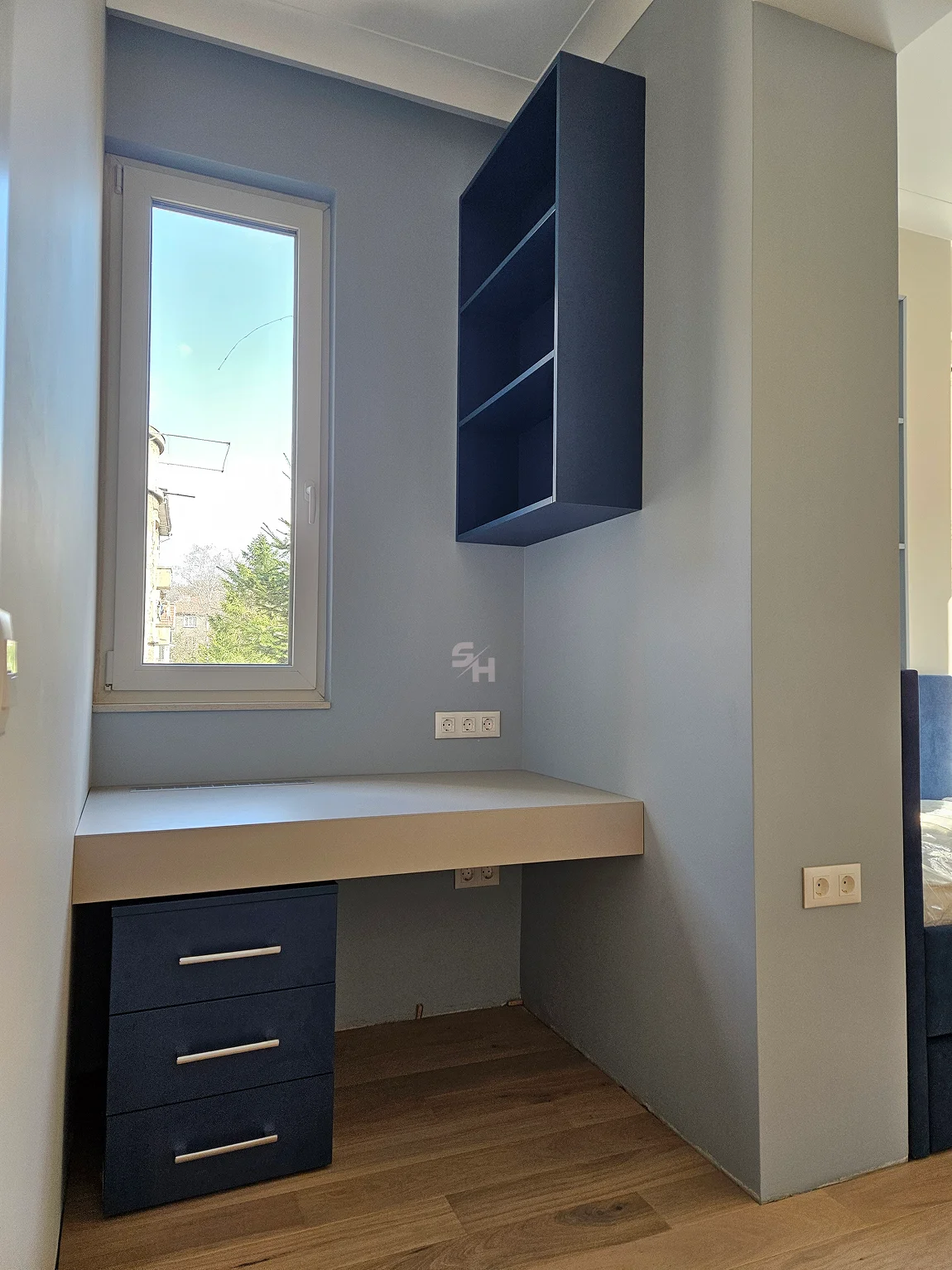 PSHM — desk with drawer unit beneath a wall shelf