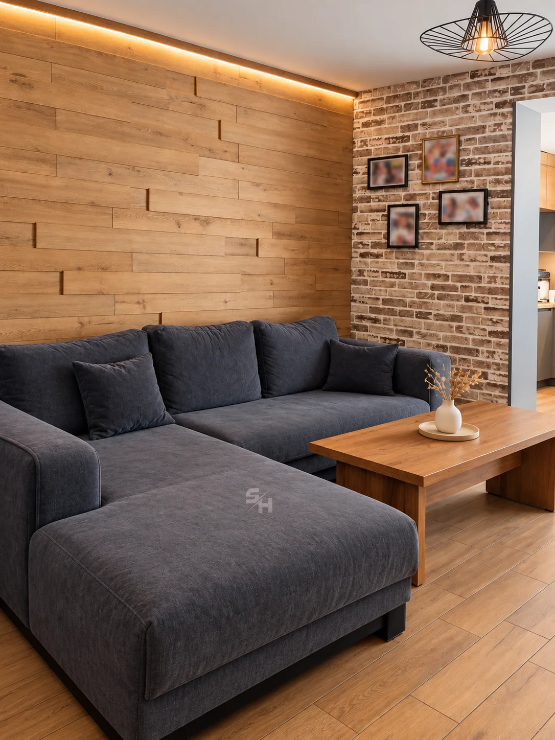 IATA — sofa corner against the wood-plank wall and brick