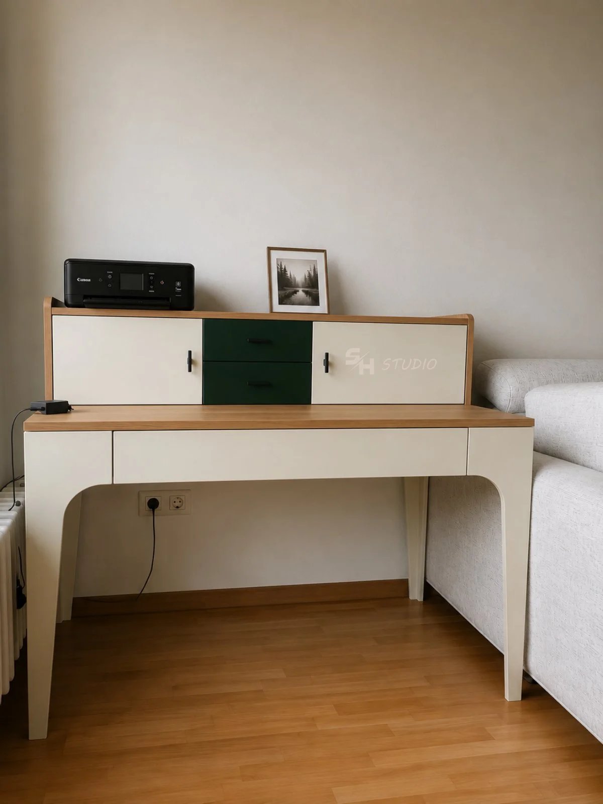 Living Room — cream desk with green drawer unit and open shelving