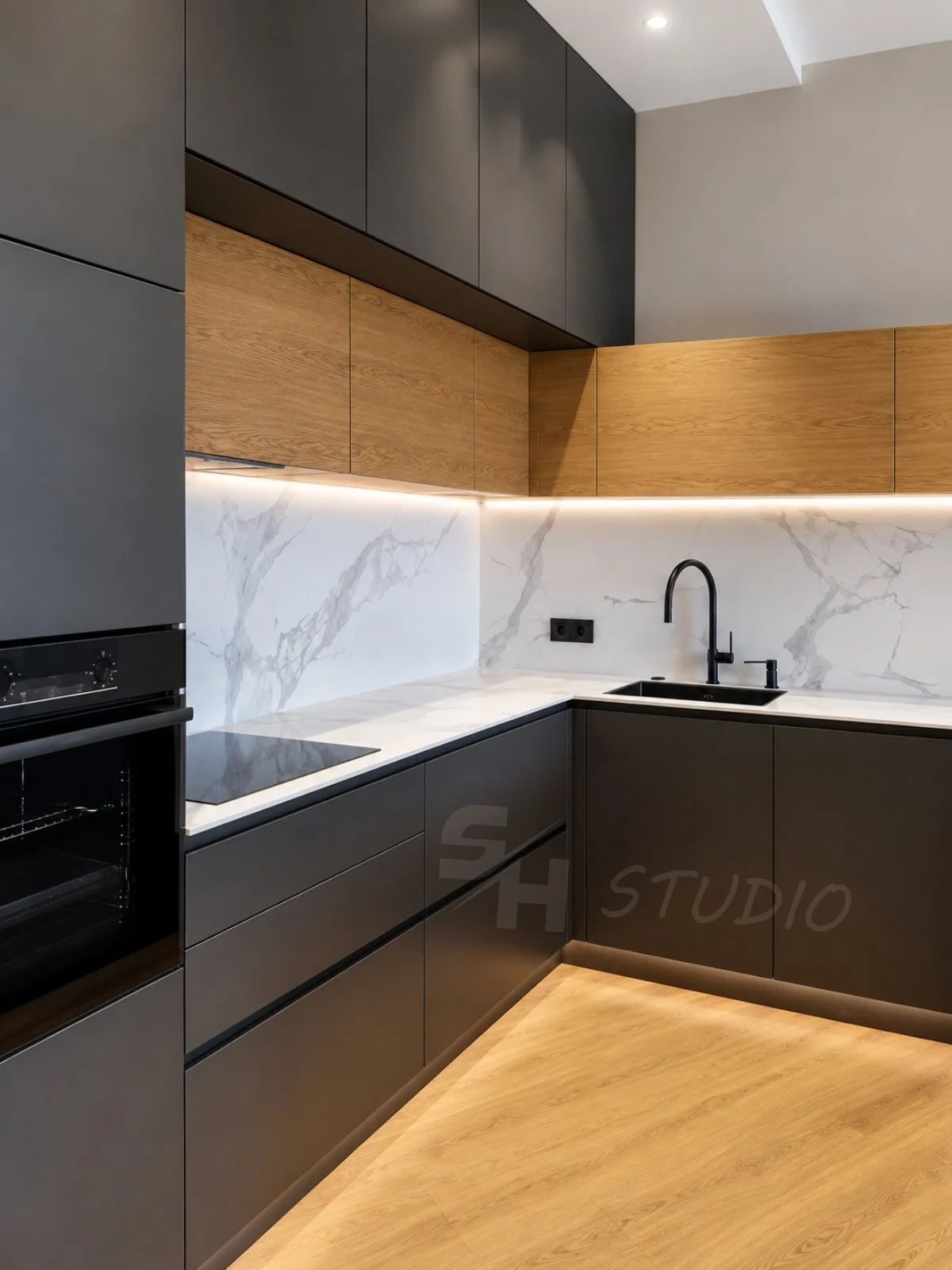 MMK Residence — custom kitchen in super-matt graphite and oak veneer
