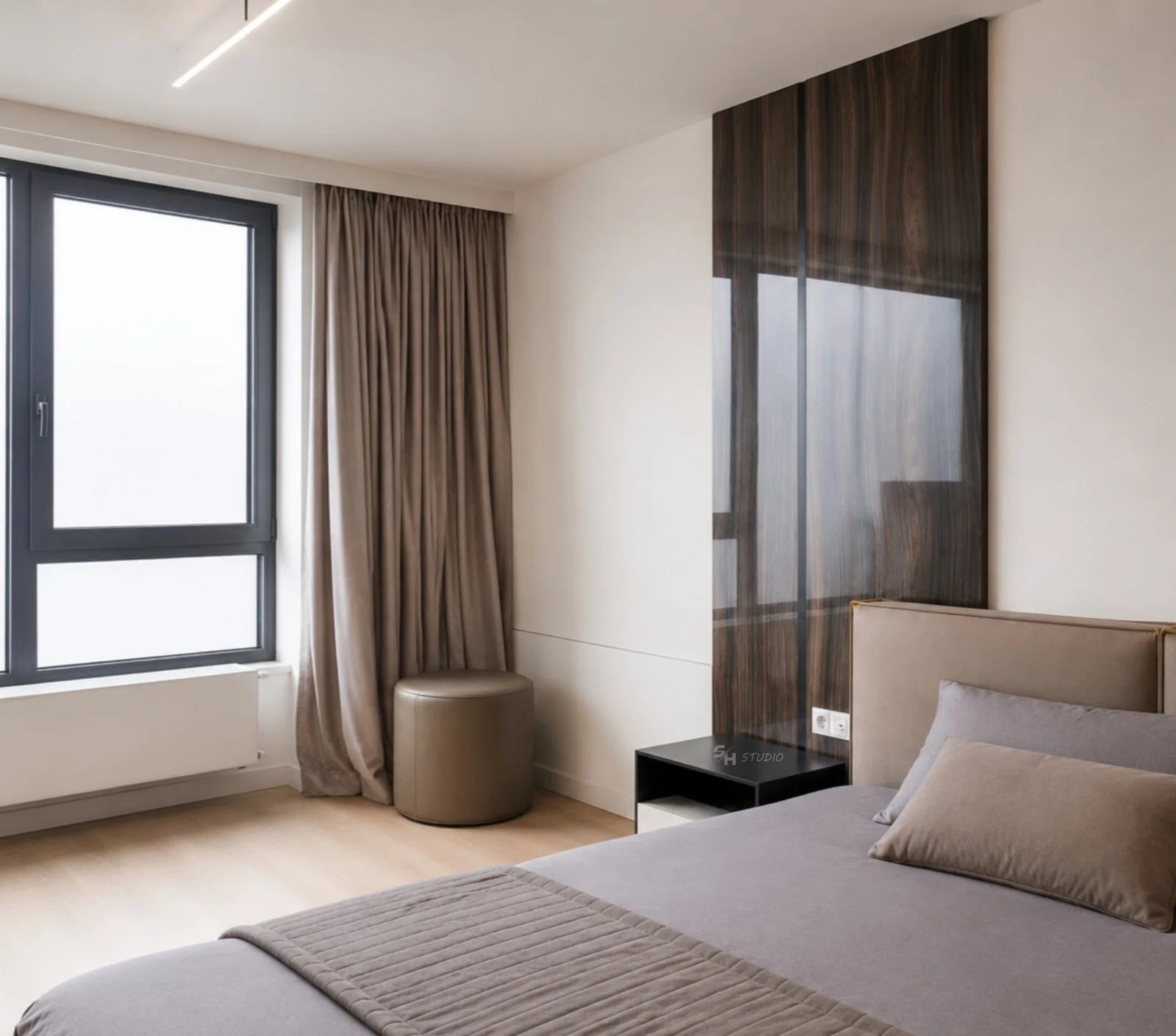 PSNG — bedroom with walnut-veneered wall panel and floating bedside cabinet