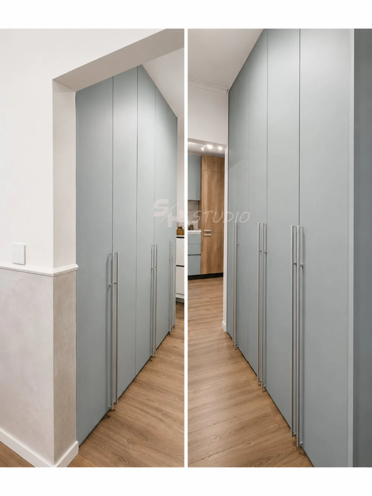 GB Residence — pale blue tall cabinet wall with long bar handles