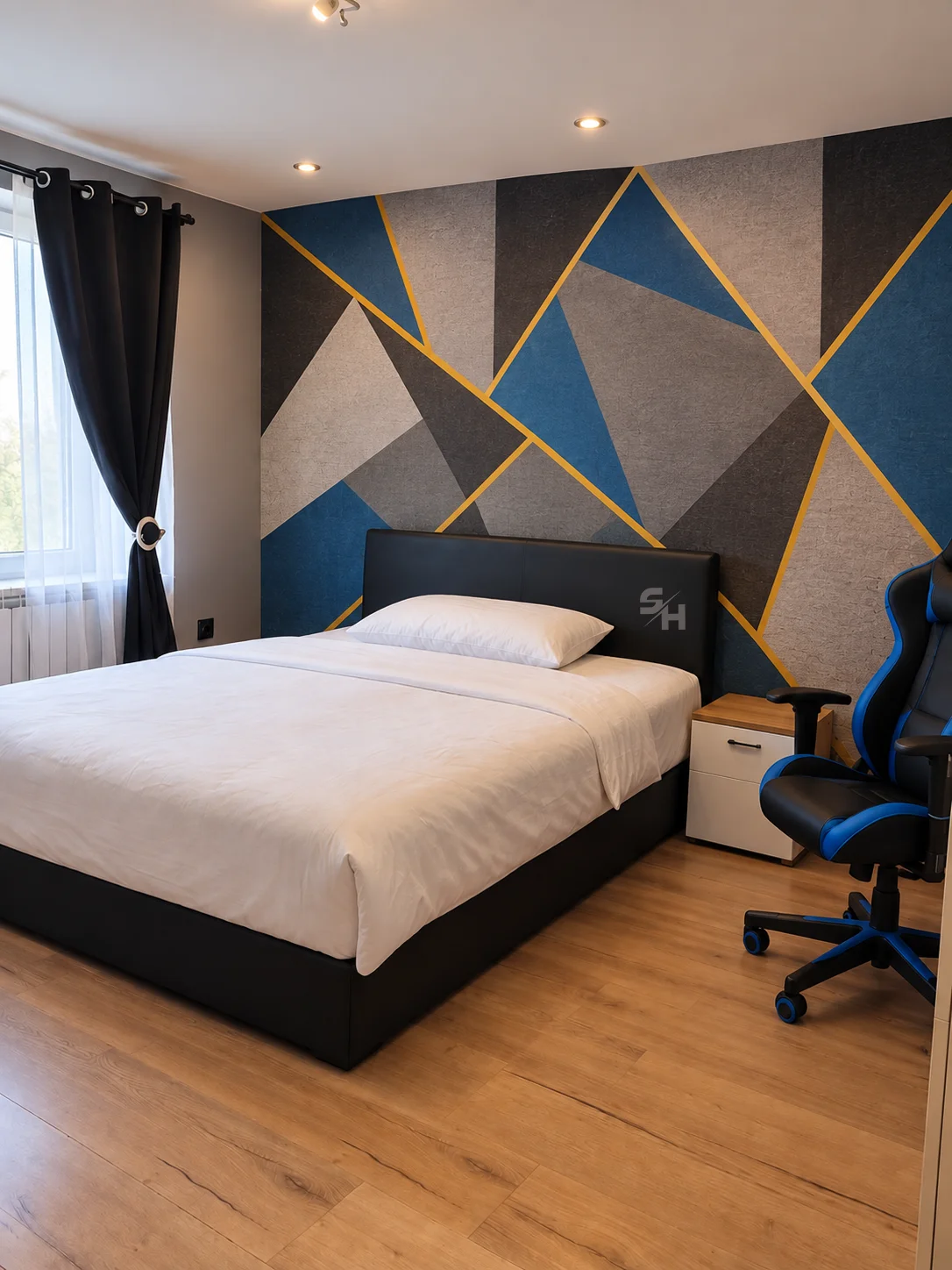IATA — teen bedroom with geometric accent wall