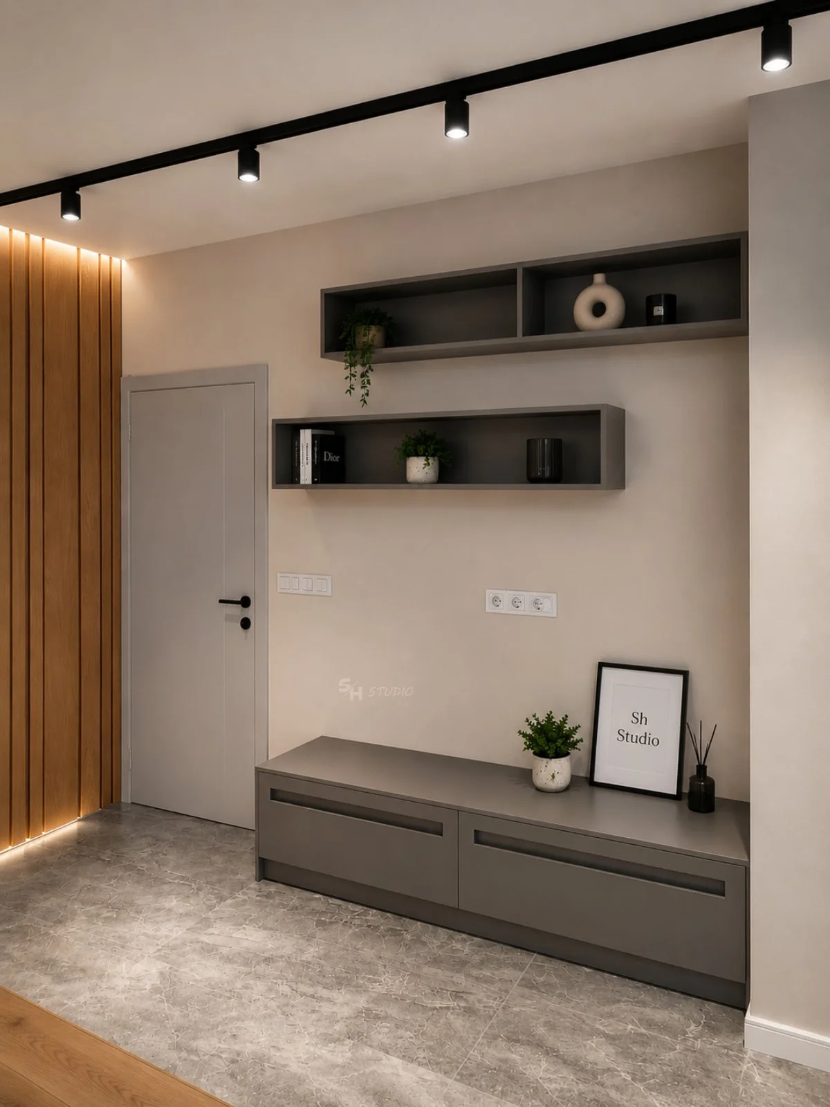 KDIA — living-room composition with closed low storage and open wall shelves