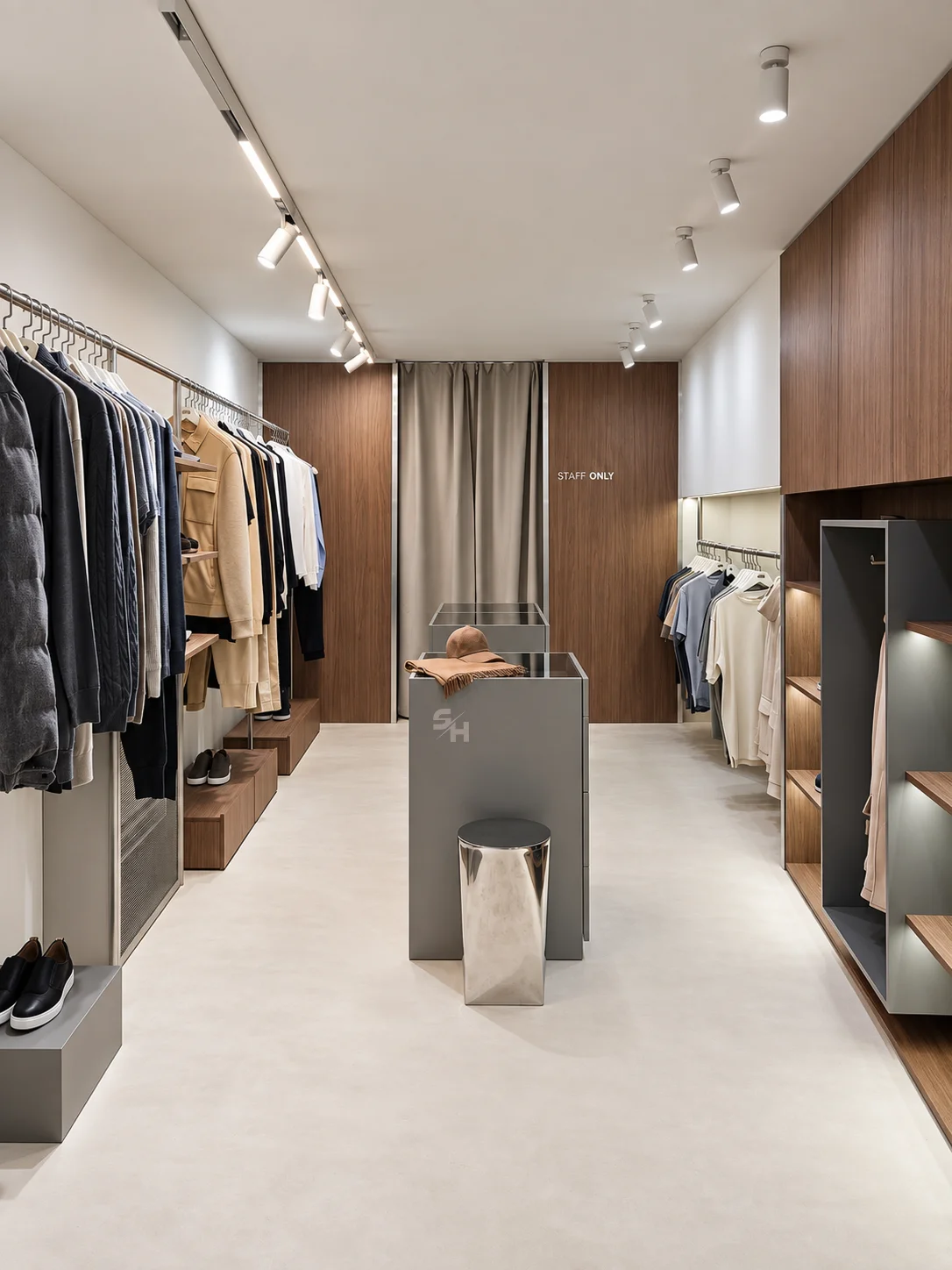 AND menswear store — sales floor with walnut-look wall units, clothing rails and display plinths