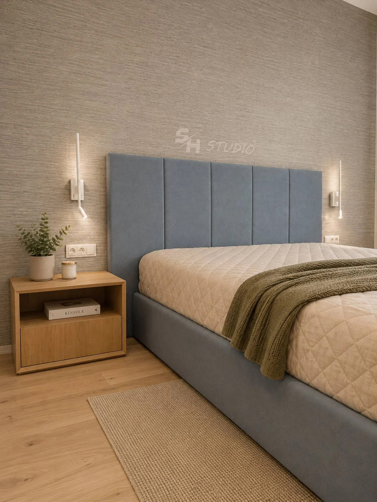 PSHM Residence — upholstered bed, full-height headboard and oak bedside cabinet