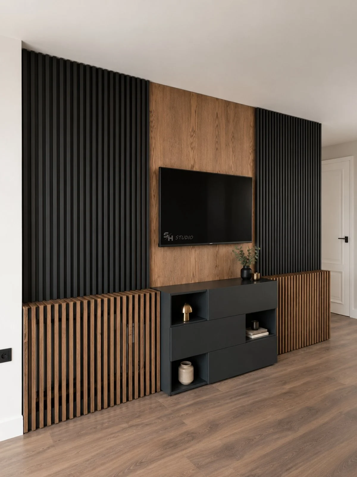KDKS — TV composition with black slatted panelling and oak-veneered MDF