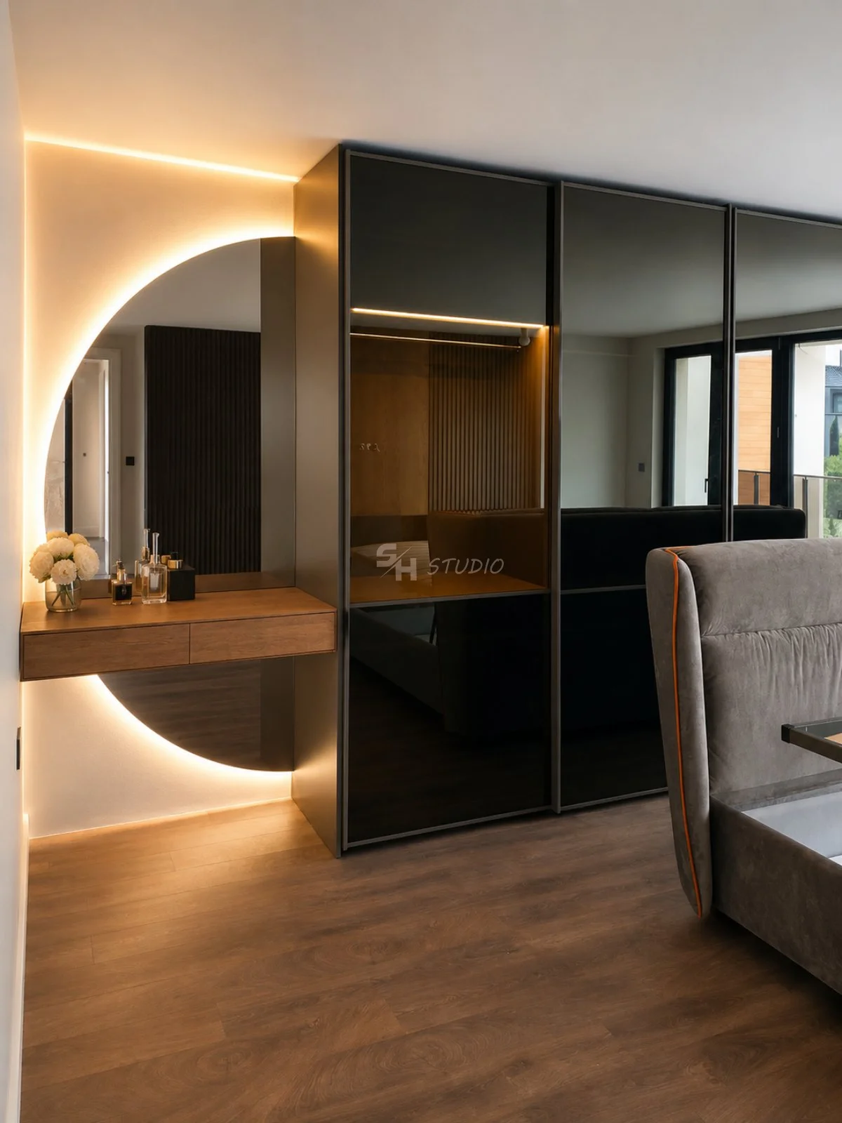 KDKS — sliding-door wardrobe in Stopsol bronze glass with dressing console and LED-lit mirror