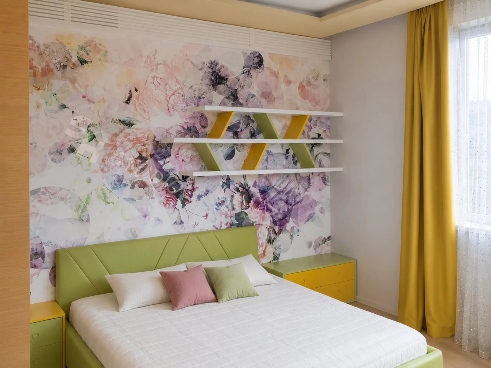AYR Residence — bedroom wall composition with floral finish and coloured shelving