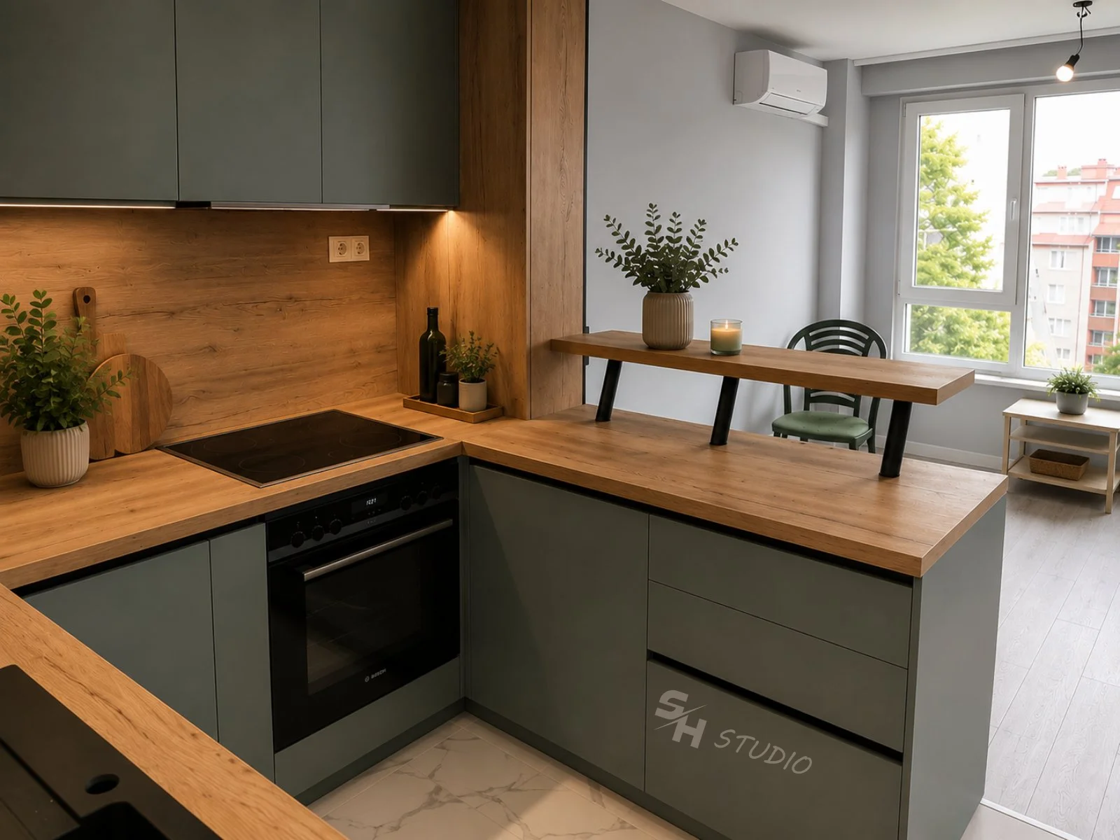 BPN Residence — kitchen peninsula with raised bar shelf
