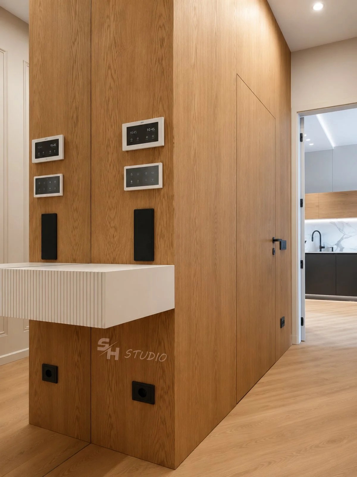 MMK Residence — oak wall panelling and floating hallway console