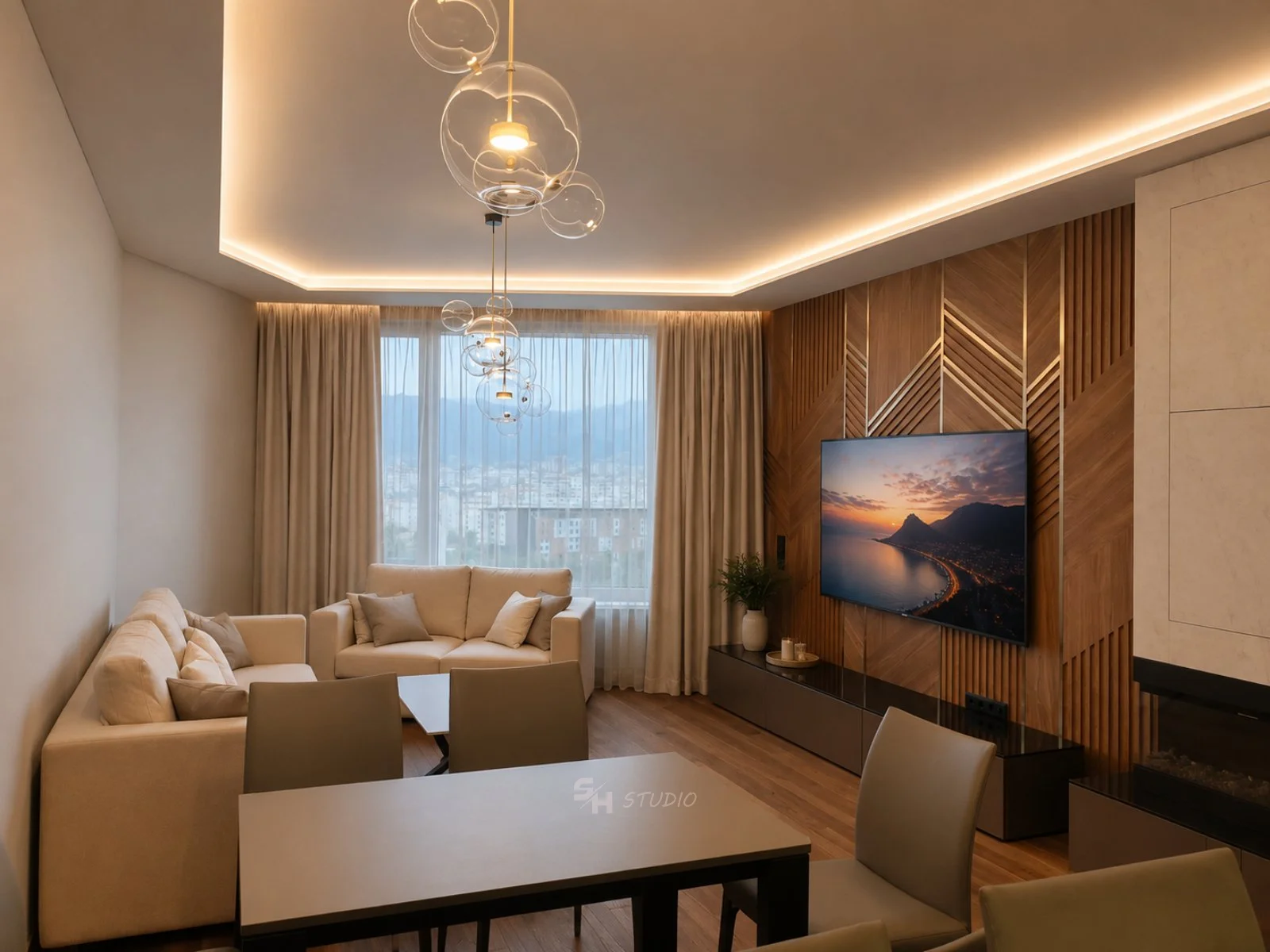ADVH — open-plan living and dining room with walnut wall composition