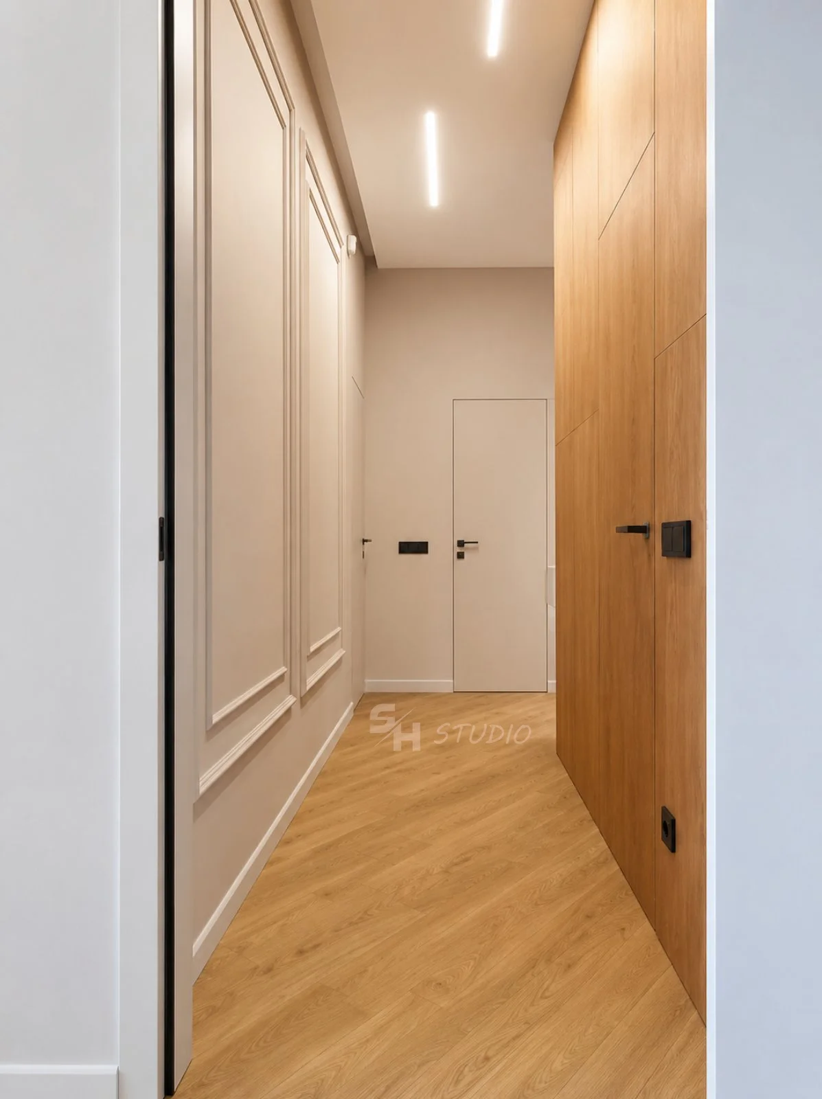 MMK Residence — oak-panelled corridor and flush doors