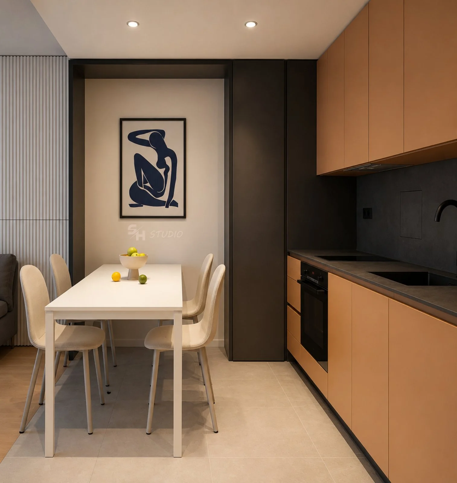 ETS1 — dining table between the kitchen and a full-height storage wall