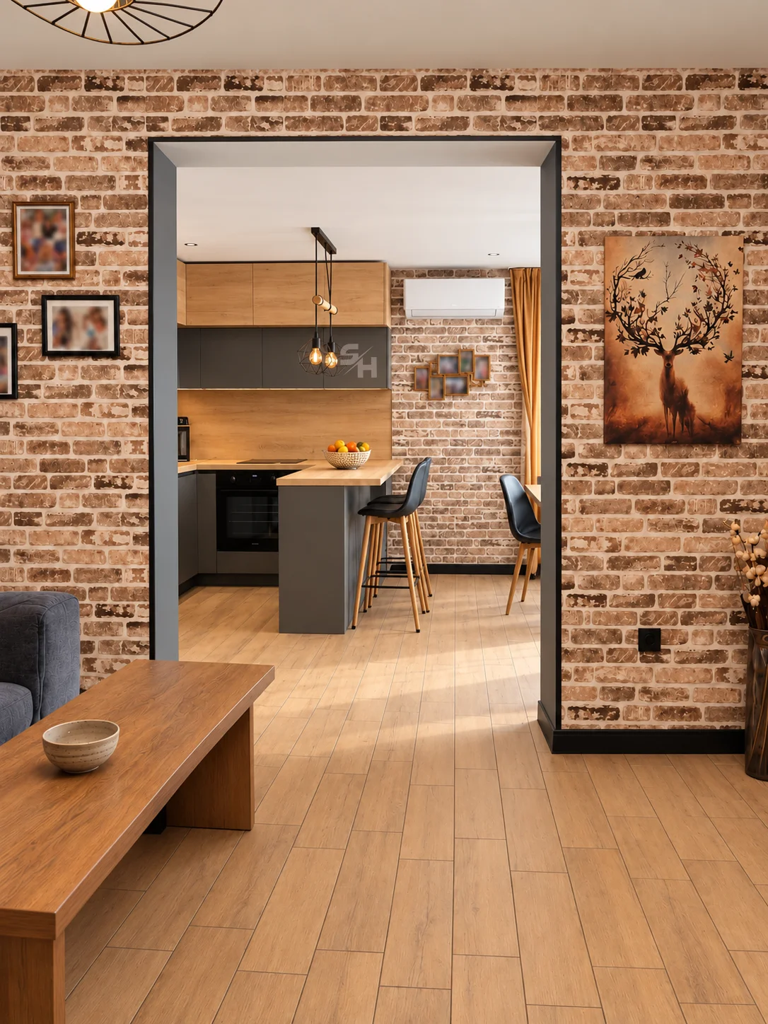 IATA — view into the kitchen through the brick-framed opening