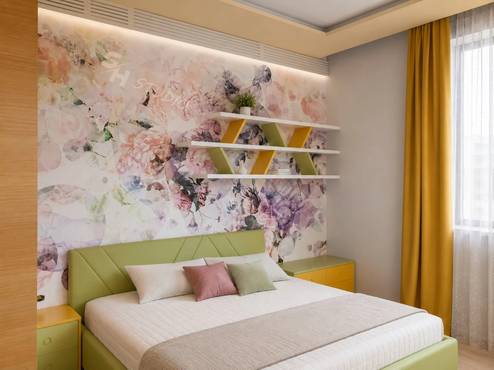 AYR Residence — green upholstered bed with floating shelves and fitted bedside cabinets