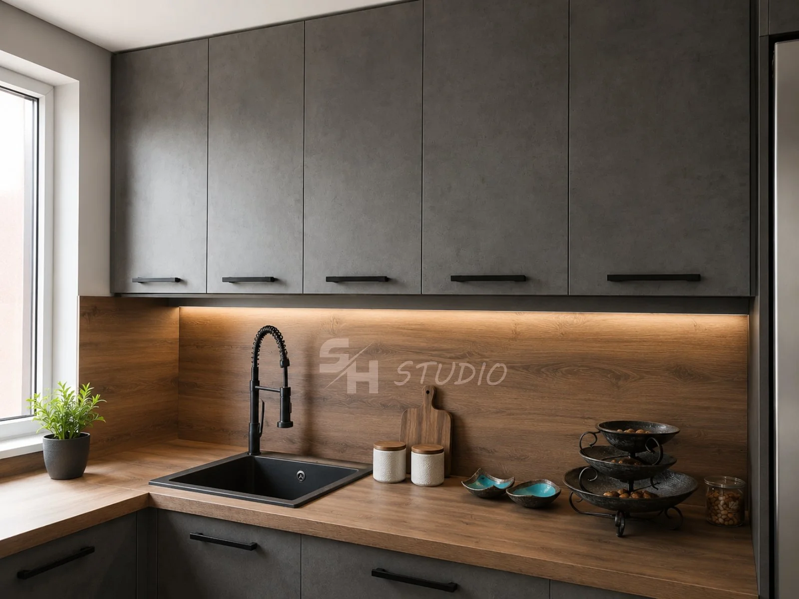 DD Residence — custom kitchen with graphite fronts and oak-effect worktop