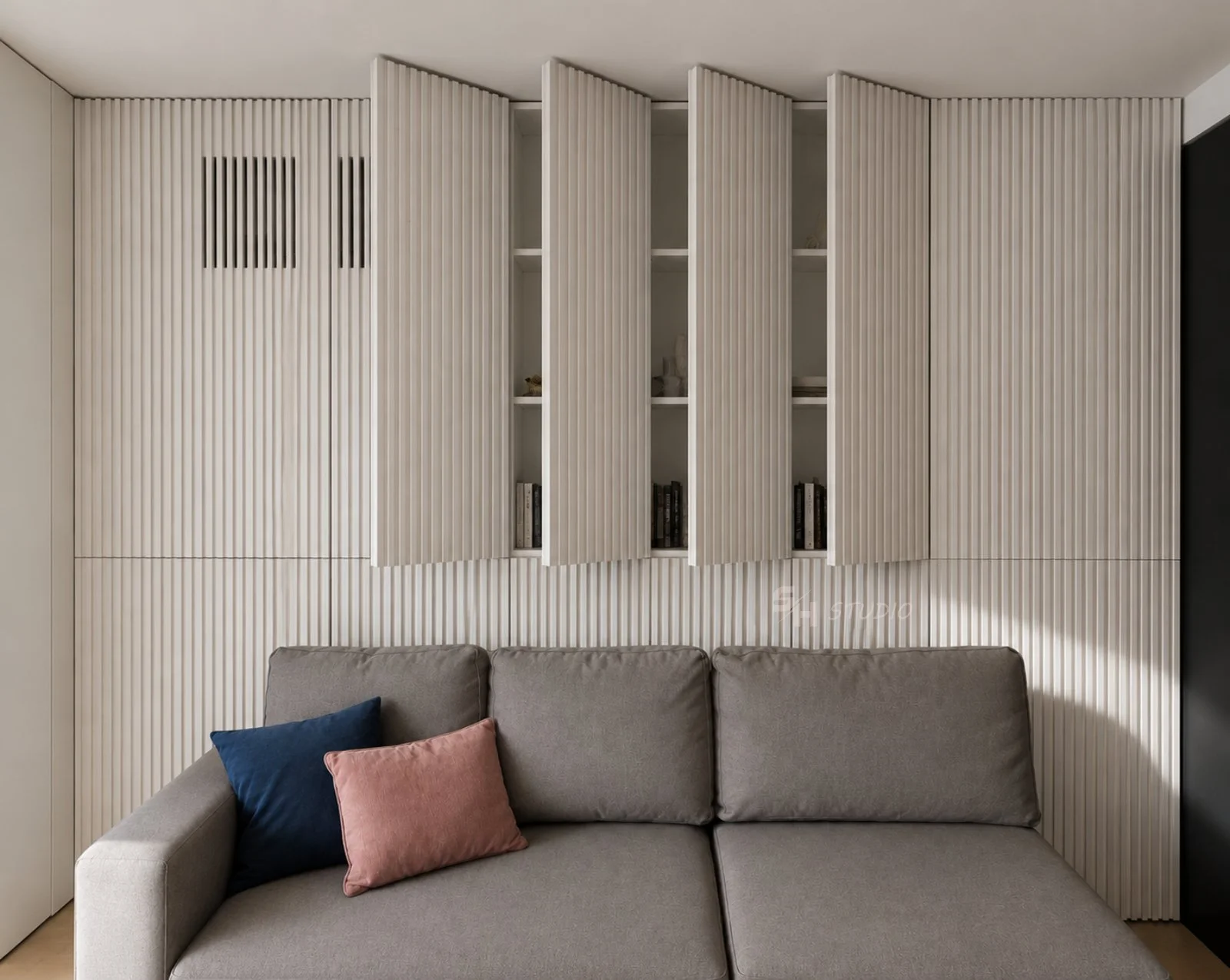 ETS1 — full-height fluted storage wall with opening upper cabinets