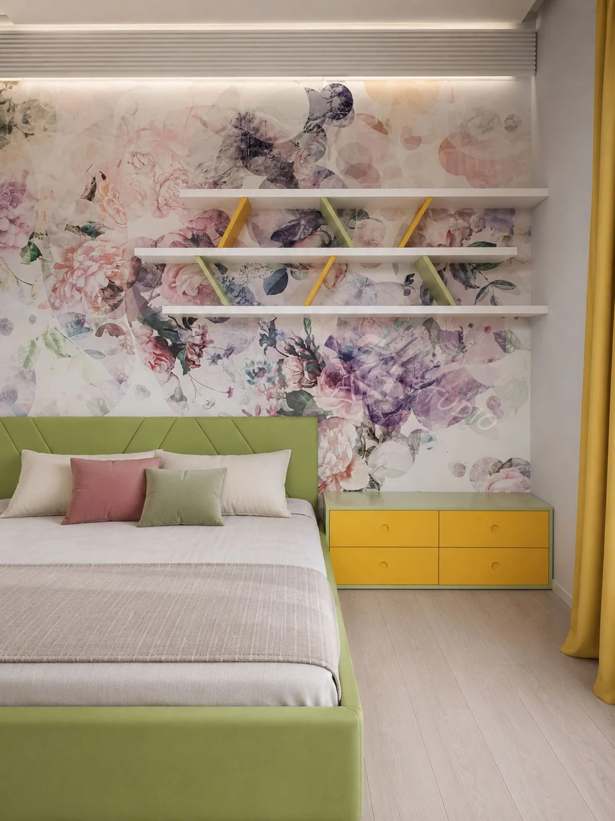 AYR Residence — front view of the bed and fitted yellow bedside drawers