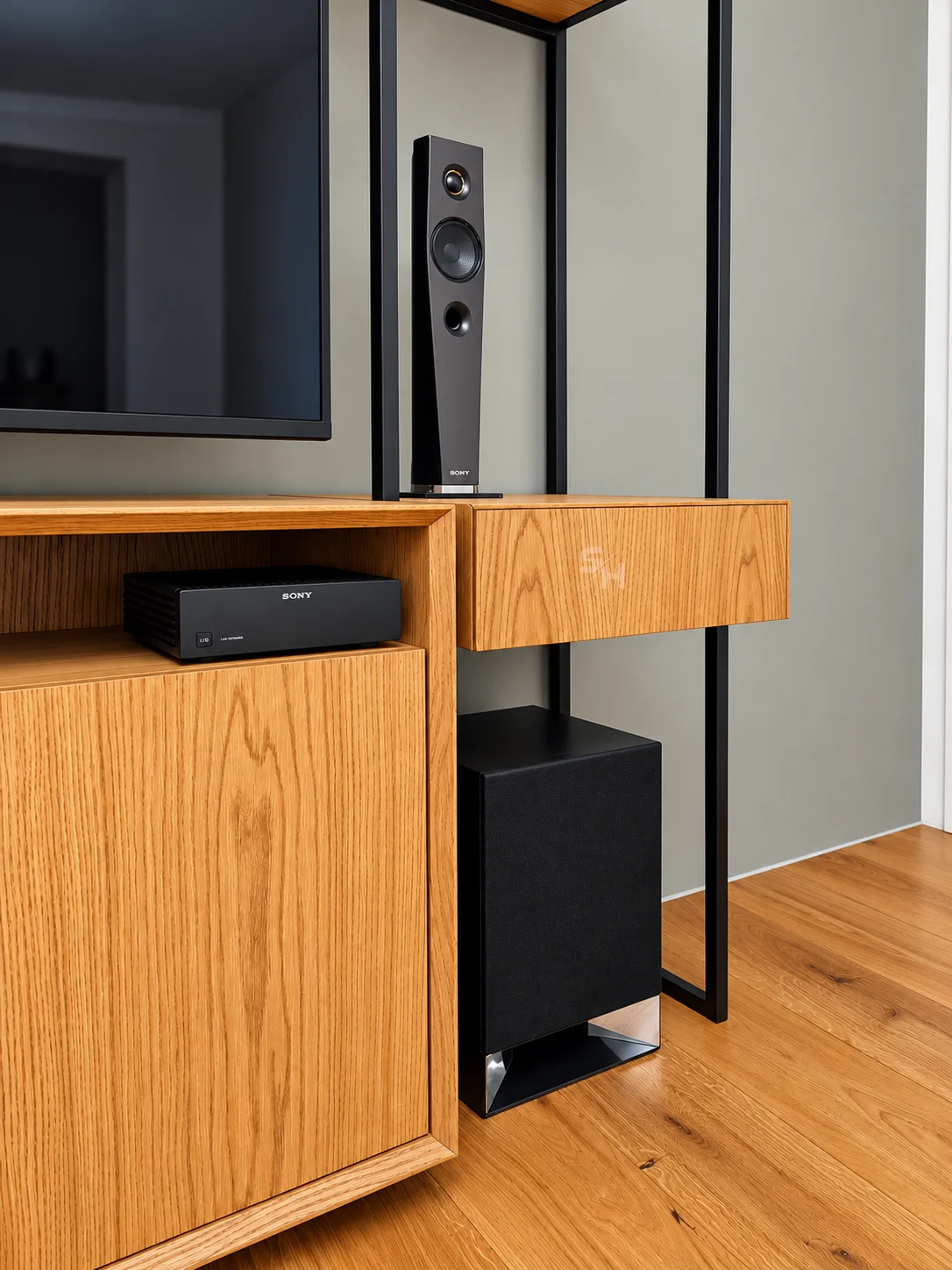 DTDSG — oak drawer and media niche with Sony equipment