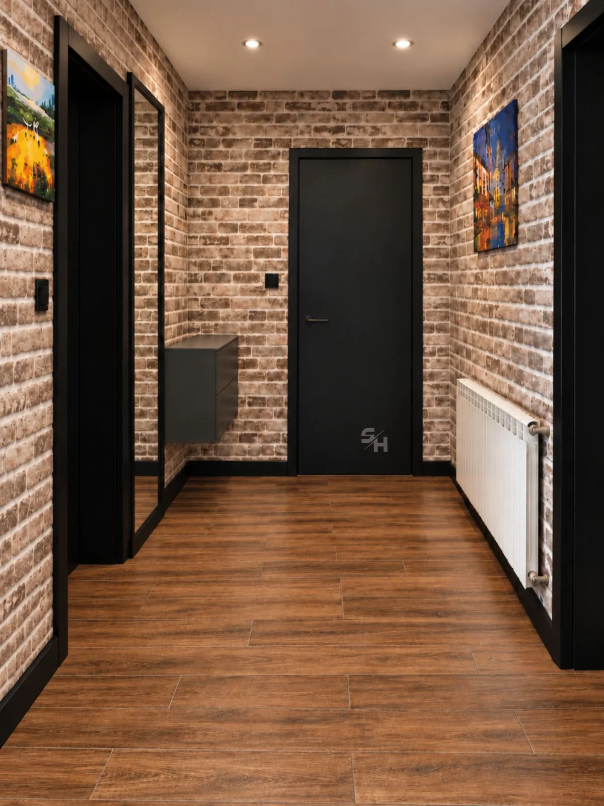 IATA — brick-clad hallway with floating anthracite drawer unit and full-height mirror