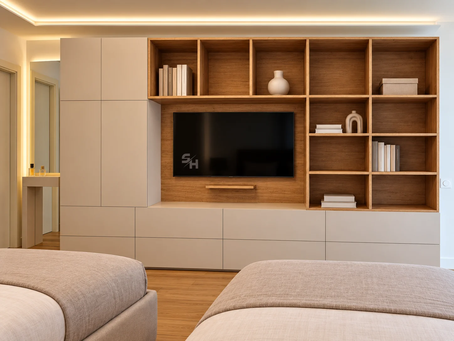 KDIA — minimalist media wall with low cabinet and oak panel