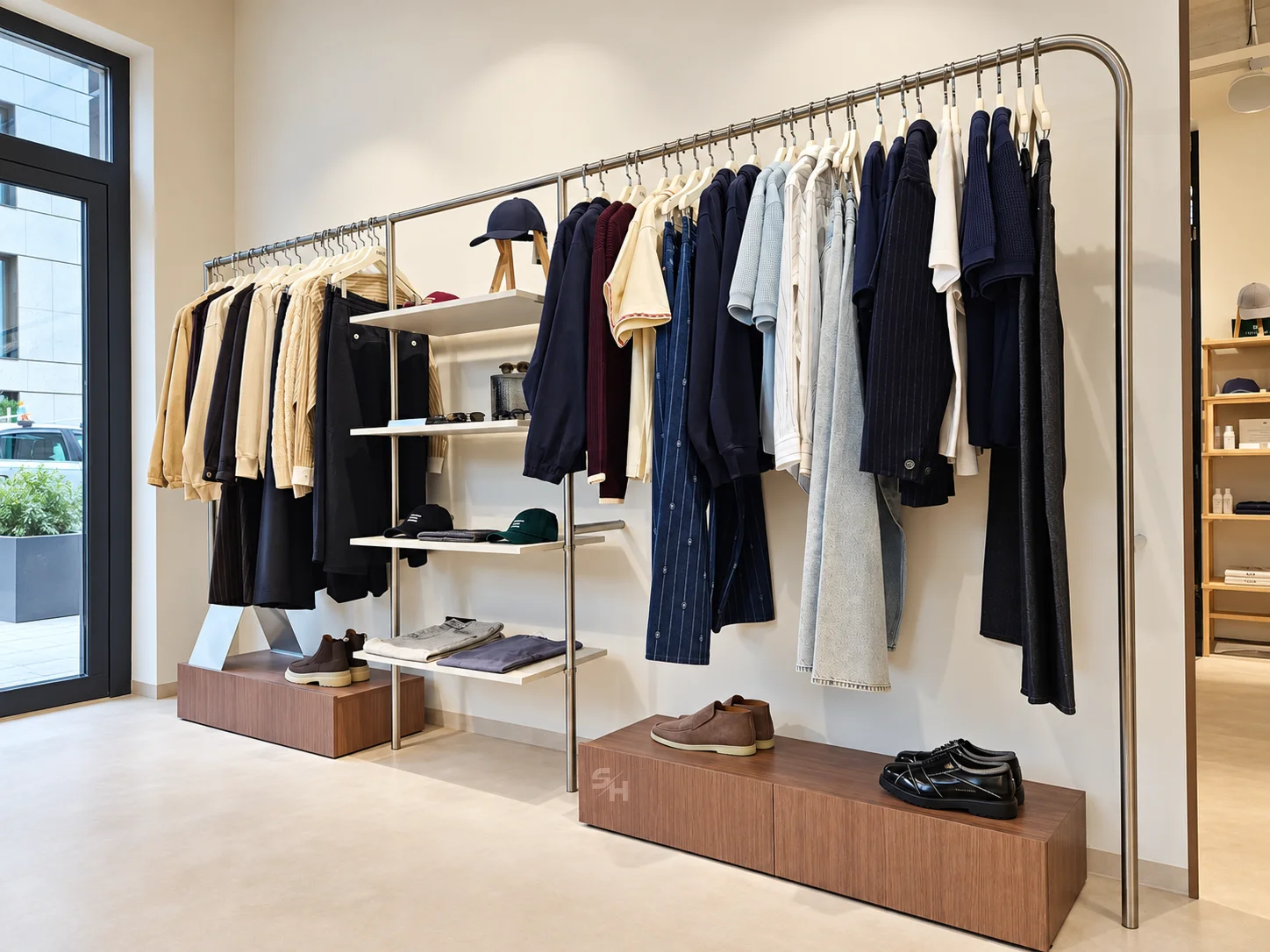 AND menswear store — sales floor with walnut-look wall units, clothing rails and display plinths