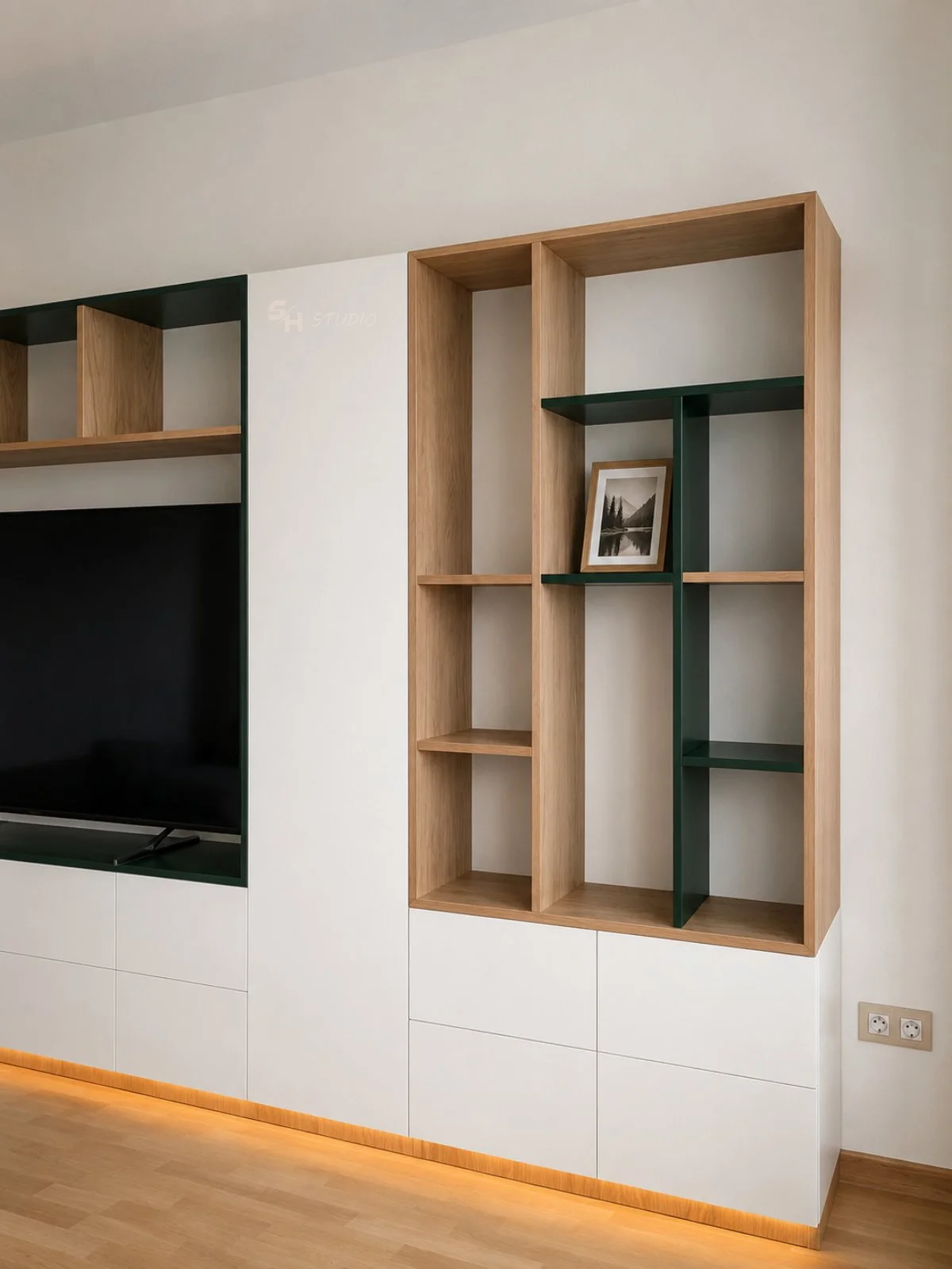 Living Room — oak shelving column with white drawer units beside the doorway