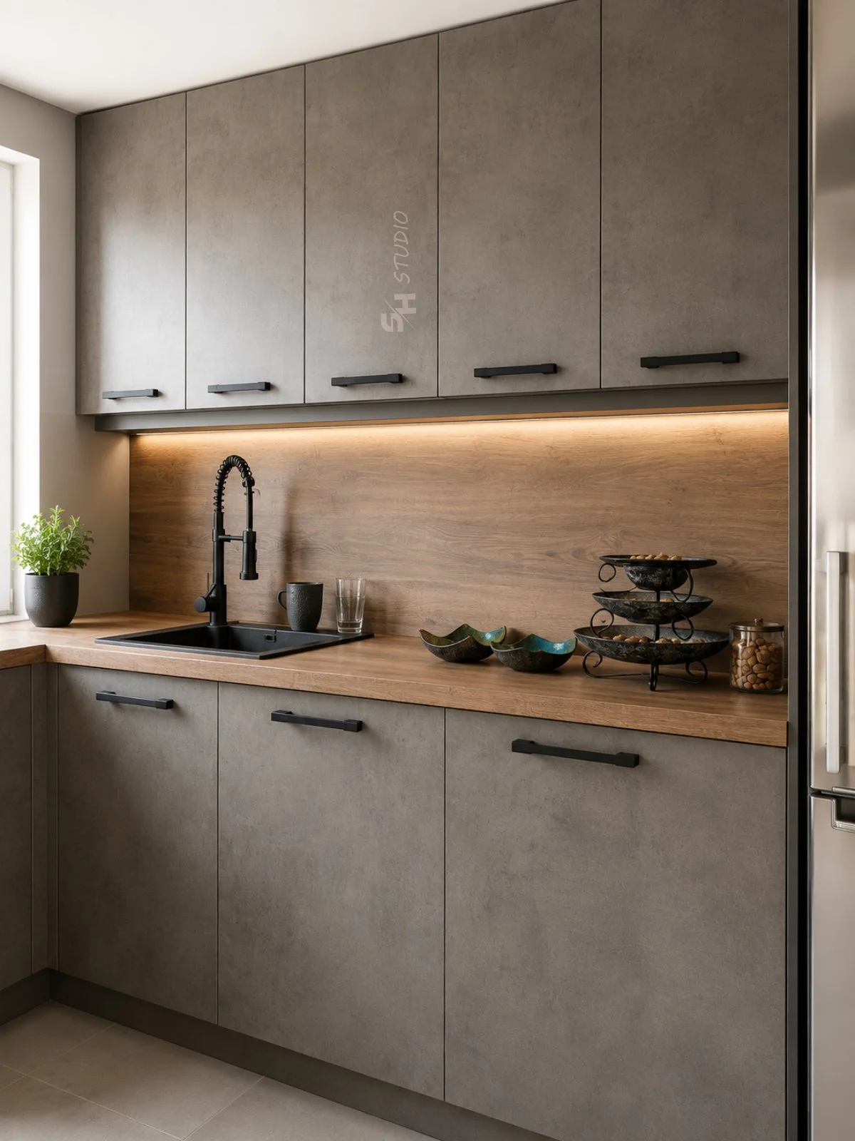 DD Residence — graphite kitchen cabinetry with oak-effect splashback and worktop