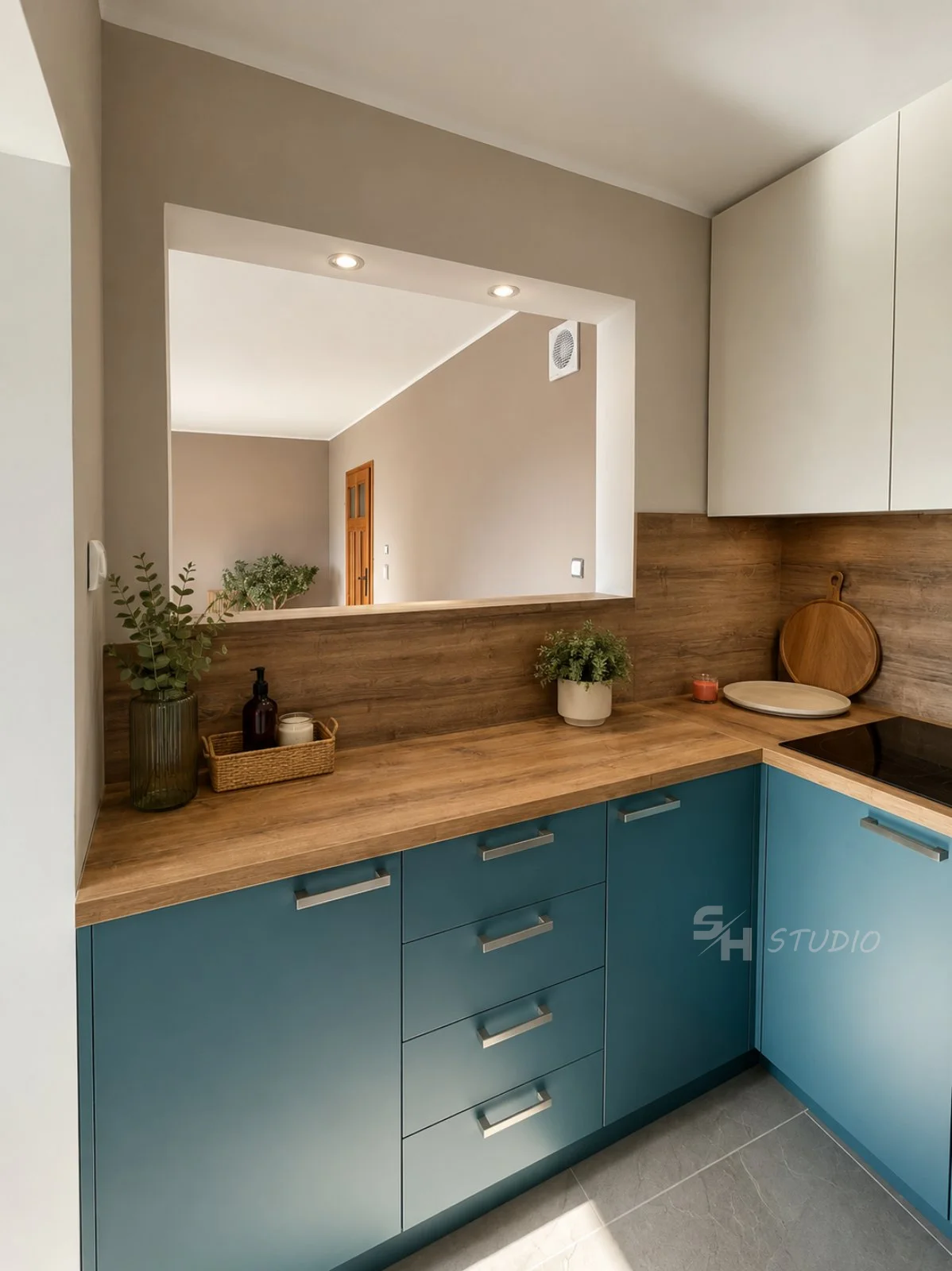 DS Residence — teal base cabinets, white wall cabinets and oak-effect worktop