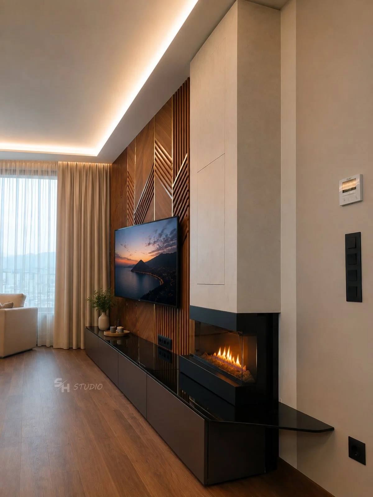 ADVH — TV composition with walnut slats above the fireplace and a low super-matt cabinet