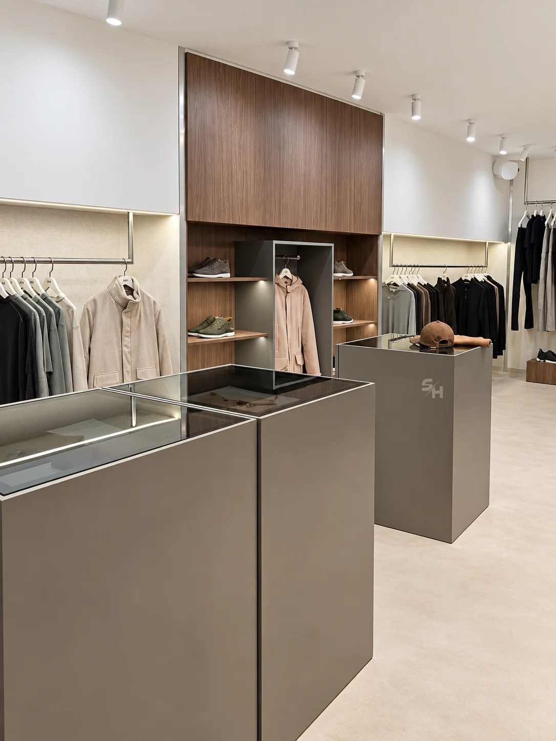 AND menswear store — sales floor with walnut-look wall units, clothing rails and display plinths