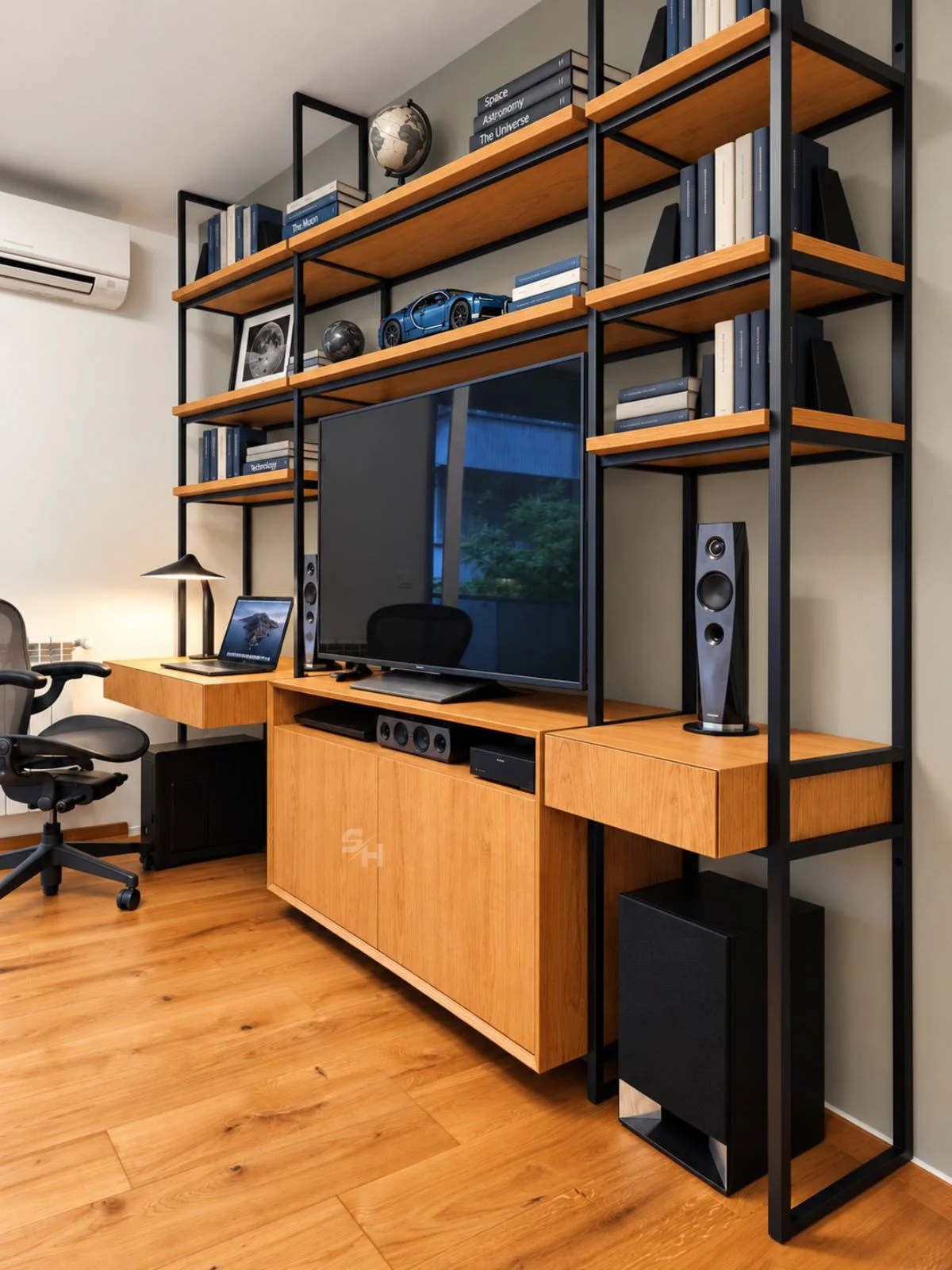 DTDSG — oak media cabinet with open steel-framed shelving