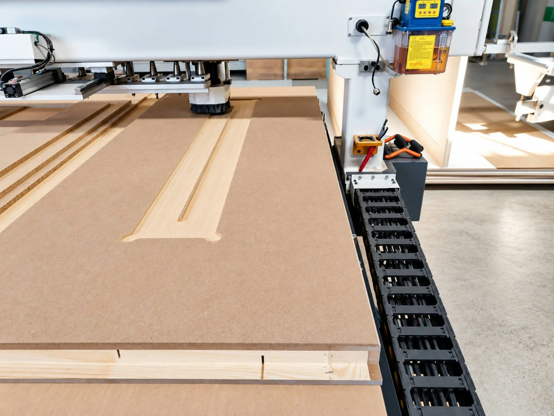Furniture component undergoing precision processing in the workshop