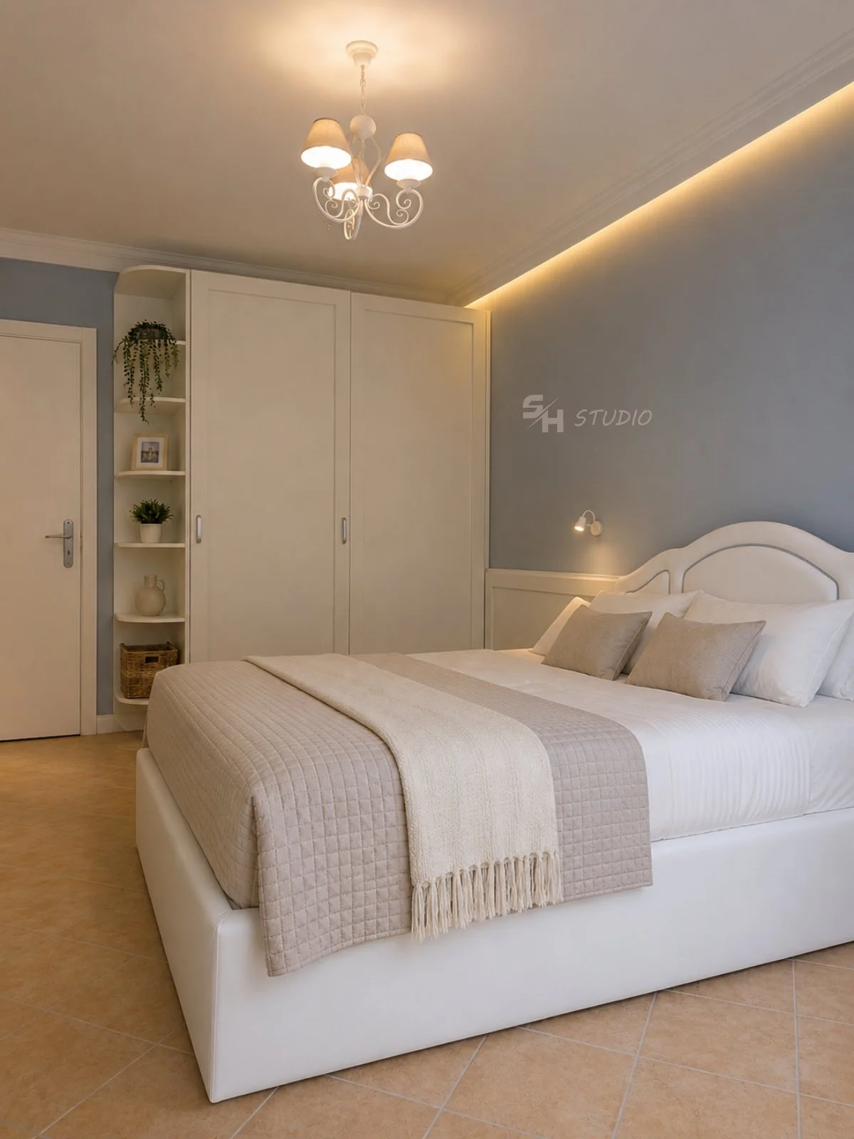 DIYT Apartment — master bedroom with upholstered bed and built-in wardrobe