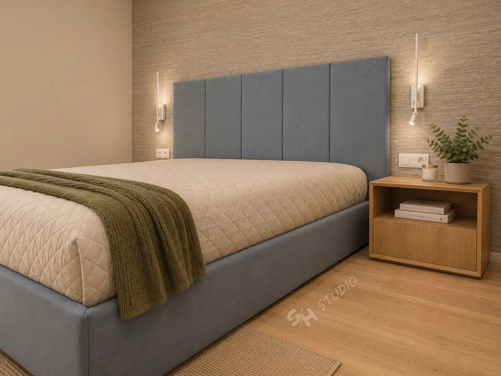 PSHM Residence — upholstered bed with full-height headboard and oak bedside cabinet