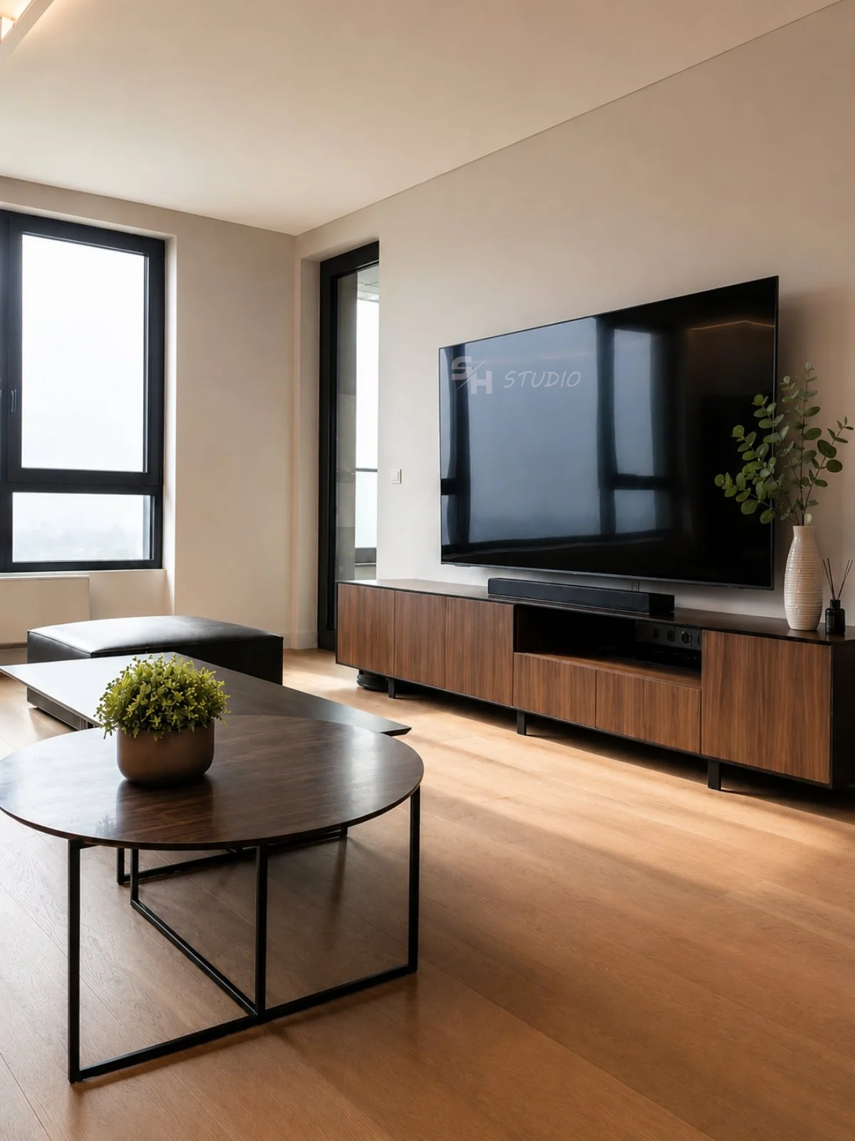 PSNG — low TV cabinet in walnut-veneered MDF with a metal base