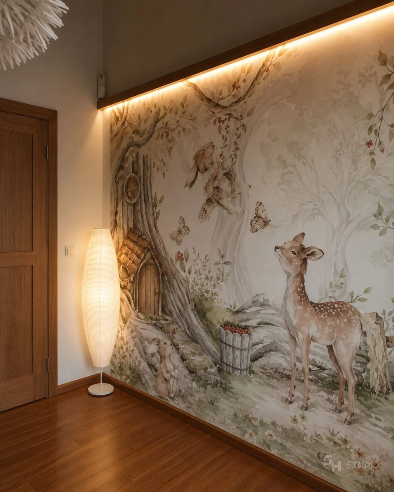 Baby Room — woodland feature wall washed by concealed lighting above, beside a solid-wood door