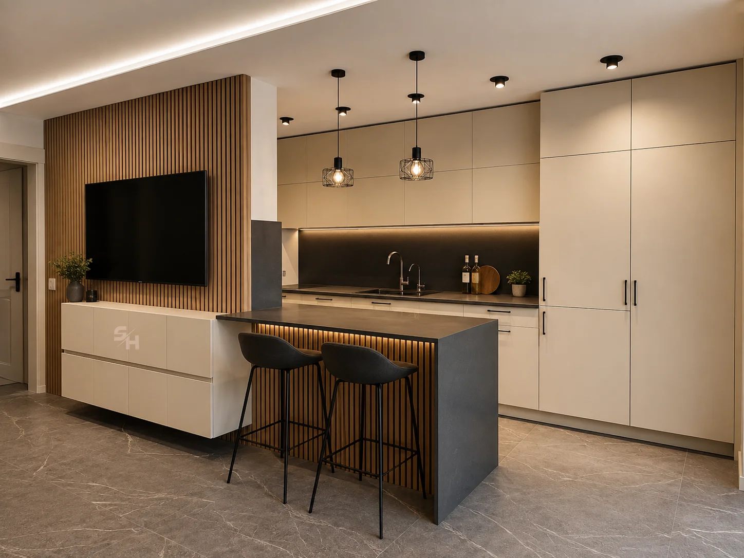 KDIA Kitchen & Living Room — living room with slatted oak wall and low wall-mounted cabinet