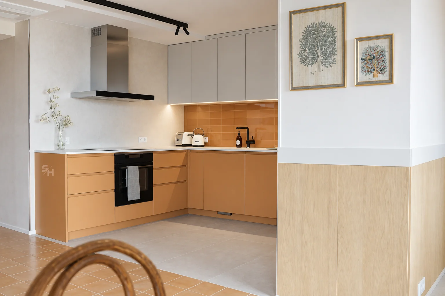 PSLR — kitchen, living and dining area in sandy tones with natural veneer
