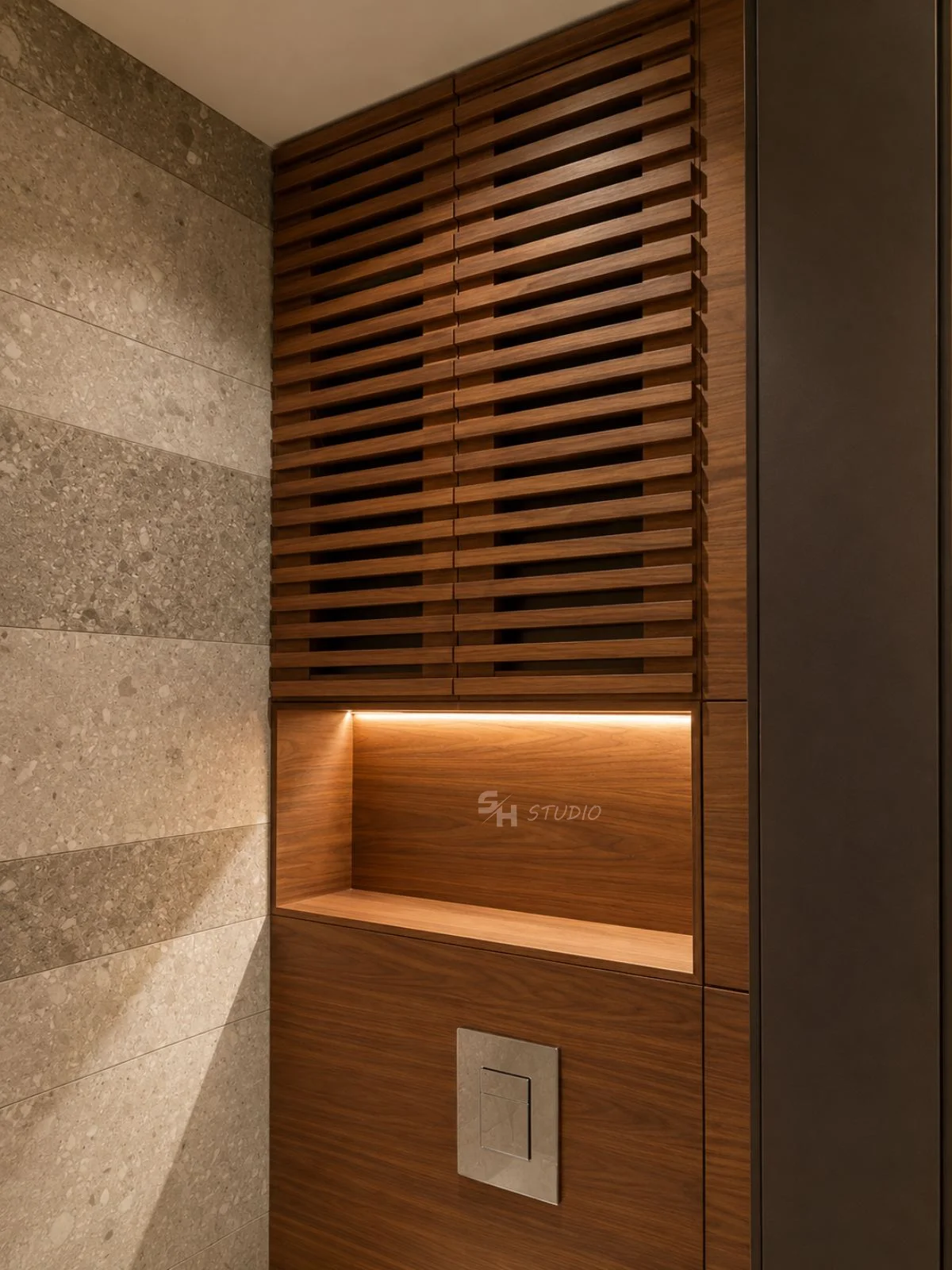 ADVH — walnut-veneered cabinet concealing the cistern, with lit niche and slatted doors