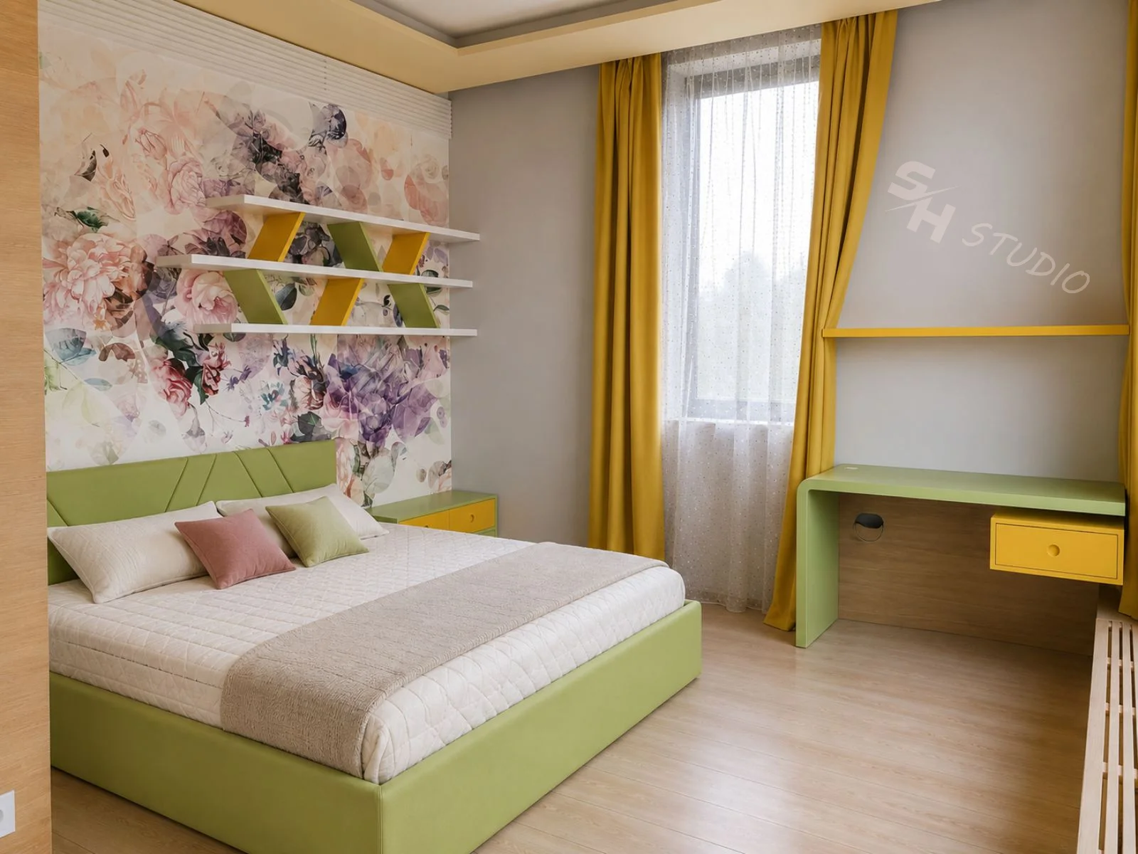 AYR Residence — custom bedroom with green upholstered bed, floral wall and integrated desk
