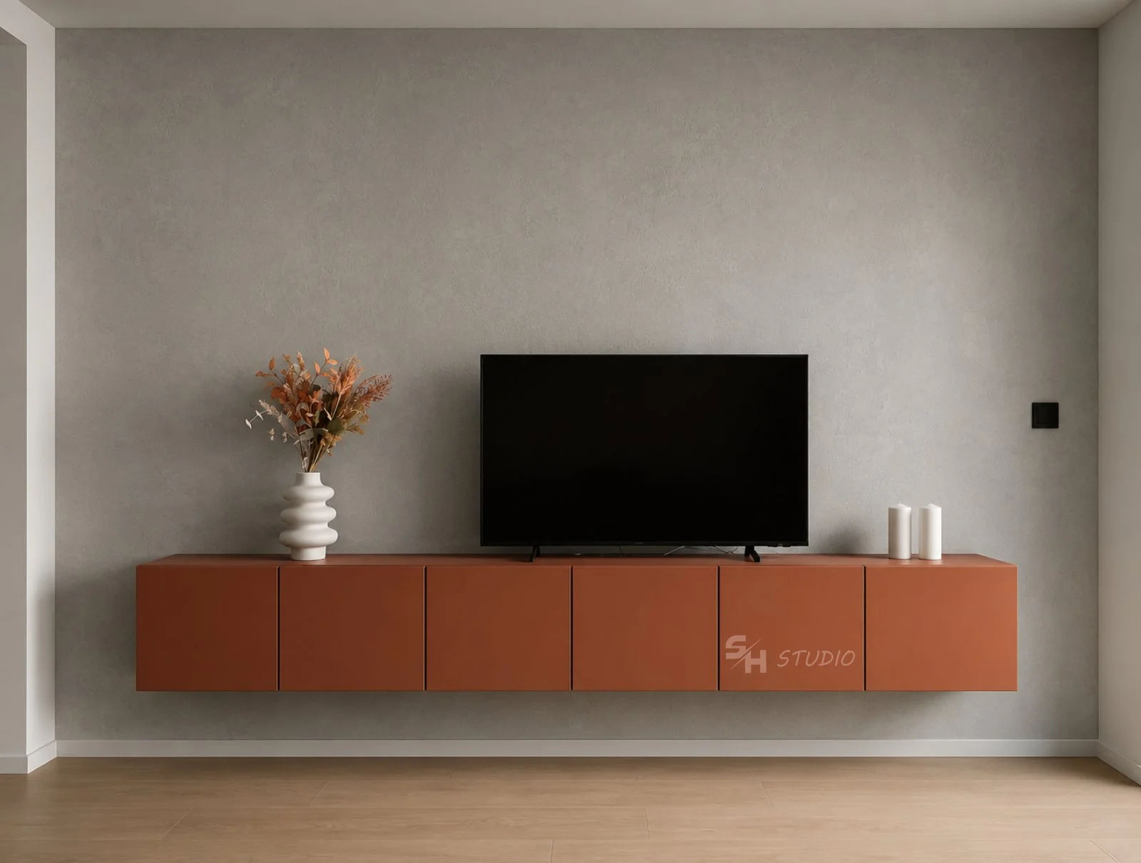 ETS1 — floating TV cabinet in terracotta laminated chipboard