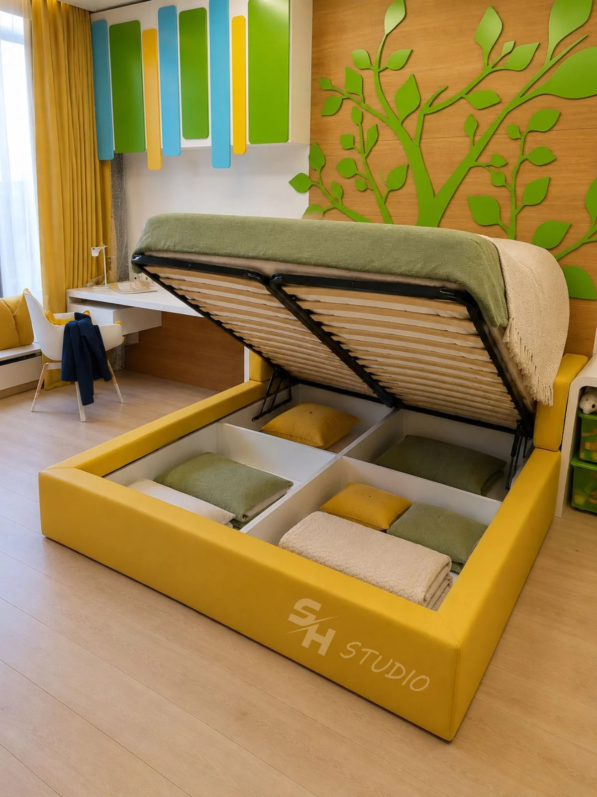 ARY Residence — upholstered storage bed shown with the lifting mechanism open