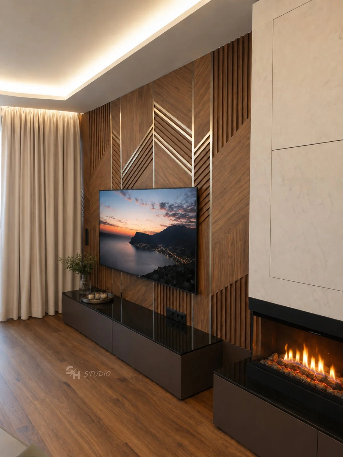 ADVH — walnut TV wall composition with routed slats, low cabinets and fireplace